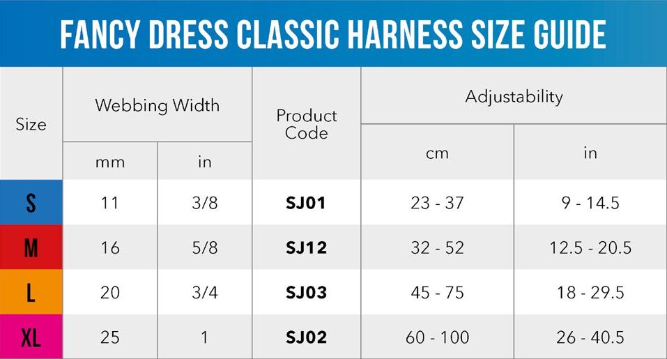 Fancy Dress Classic Harness Size Guide