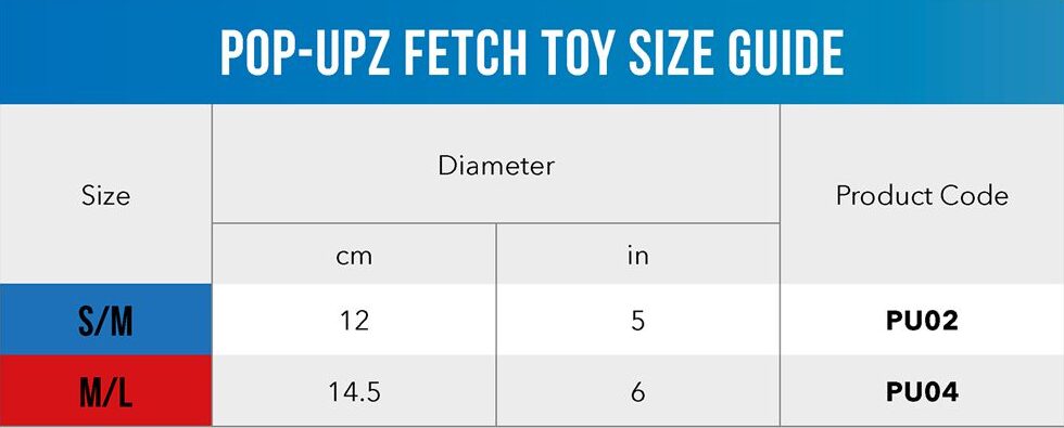 Pop Upz Fetch Toy Size Guide