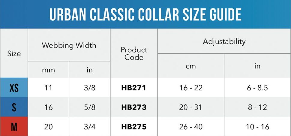 Urban Classic Collar Size Guide