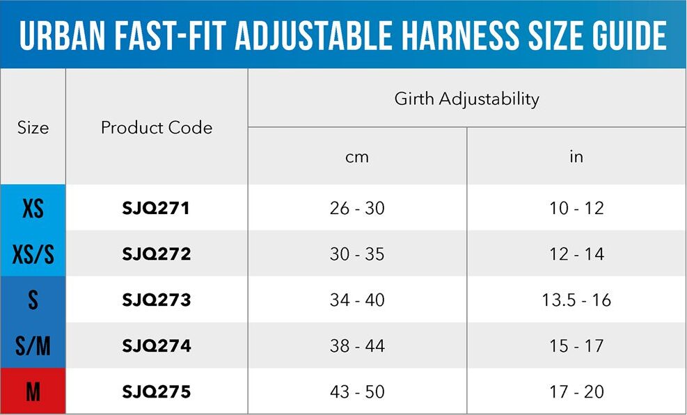 Urban Fast Fit Adjustable Harness Size Guide