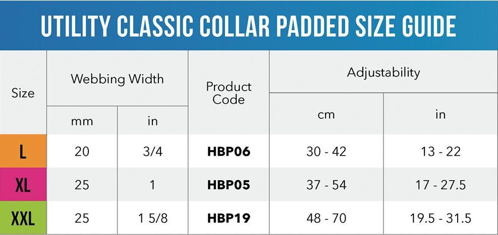 Utility Classic Padded Collar Size Guide