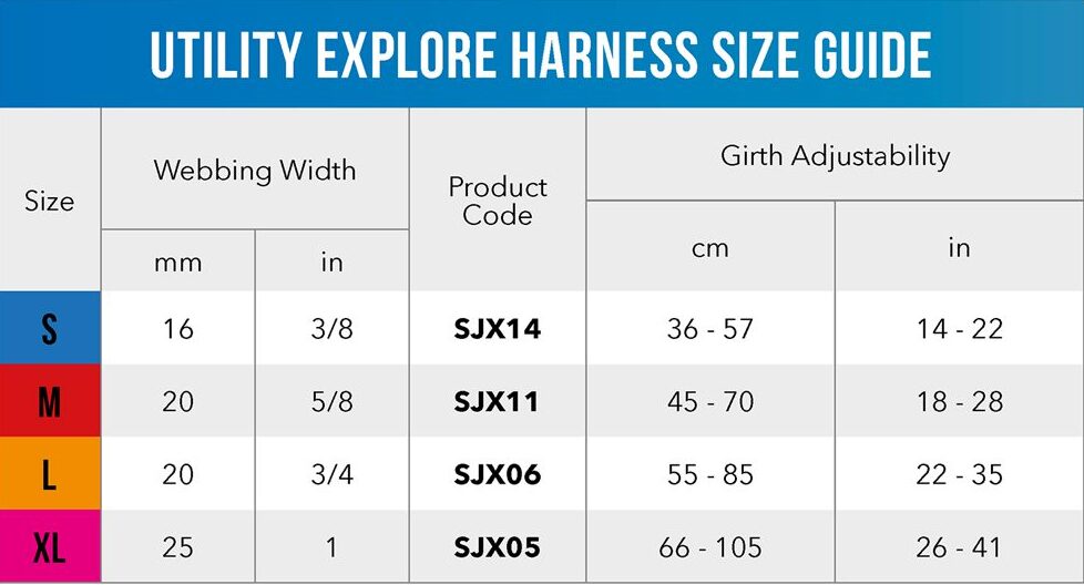 Utility Explore Harness Size Guide
